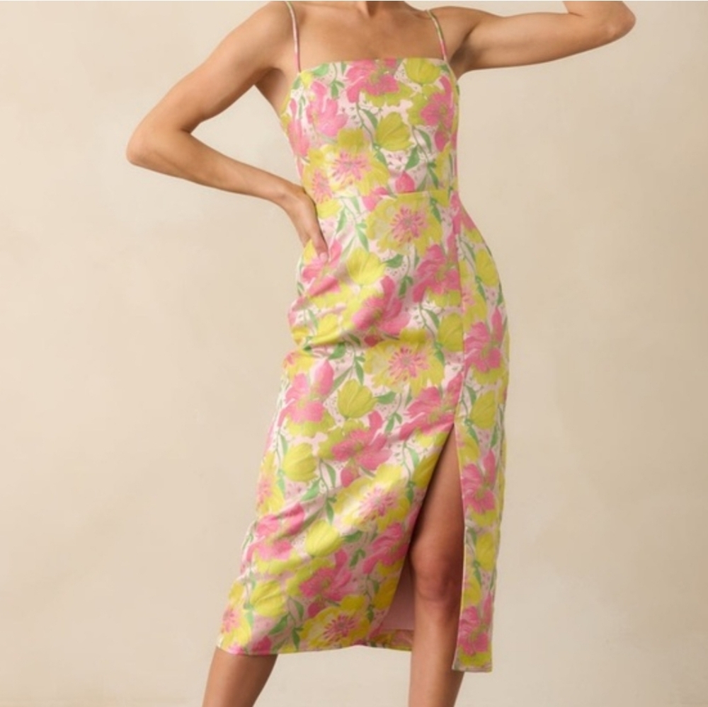 Floral Midi Slip Dress with Side Slit - Pink & Lime